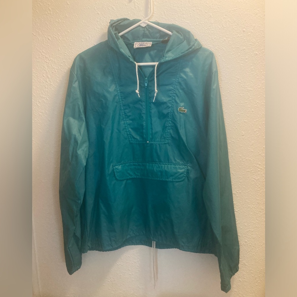 Vintage 80’s Lacoste Hooded Windbreaker Rain Jacket Hoodie Green Teal